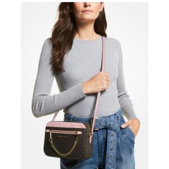 MICHAEL KORS Jet Set Logo Chain Camera XBody Bag Dark Brown Logo Pink Trim - Picture 2 of 16